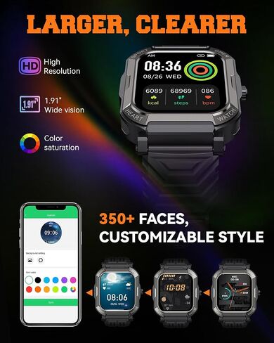Military Smart Watches for Men (Answer/Make Calls),1.91'' Fitness Smart Watch for Android and iPhone,IP68 Waterproof Fitness Tracker with Step Counter/Sleep Monitor/110+ Sport Modes,Smartwatch for Men in Kuwait