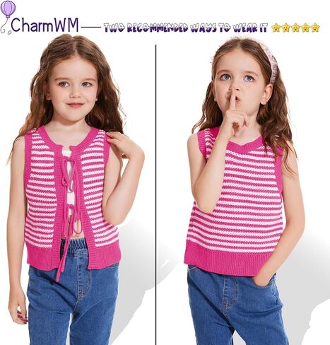 Girls Sweater Vest Kids Casual Sleeveless Crochet Tops Color Block Tie Back Knit Tank Tops in Saudi Arabia