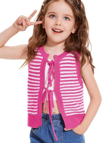 Girls Sweater Vest Kids Casual Sleeveless Crochet Tops Color Block Tie Back Knit Tank Tops in Saudi Arabia