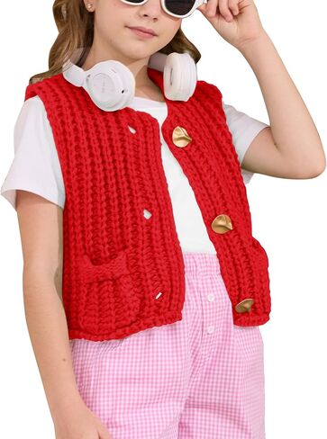 Flygo Girls Sweater Vest Chunky Button Down Crochet Knit Cardigan Trendy Sleeveless Sweaters Top with Pockets 5-14 Years in Saudi Arabia
