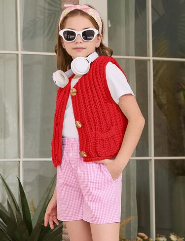 Flygo Girls Sweater Vest Chunky Button Down Crochet Knit Cardigan Trendy Sleeveless Sweaters Top with Pockets 5-14 Years in Saudi Arabia