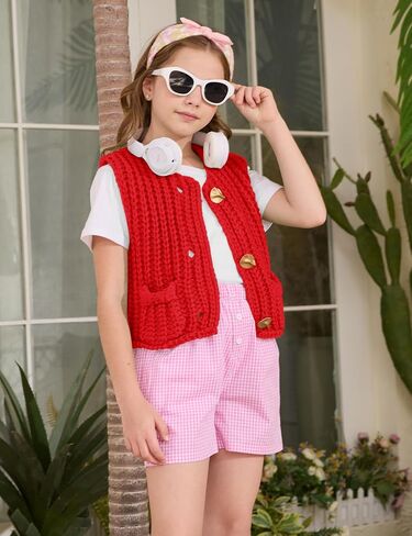 Flygo Girls Sweater Vest Chunky Button Down Crochet Knit Cardigan Trendy Sleeveless Sweaters Top with Pockets 5-14 Years in Saudi Arabia