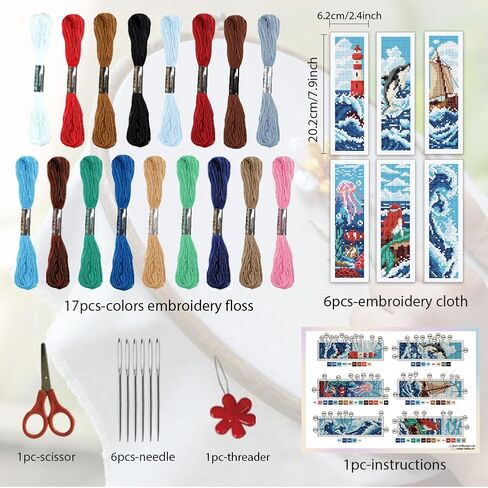 ORIGACH 6 Pcs Cross Stitch Bookmark Kit for Beginner Adults, Cat and Daisy Stamped Embroidery Bookmark Kit with Instruction for Starters Printed Cross Stitch DIY Kits for Book Lovers in Kuwait