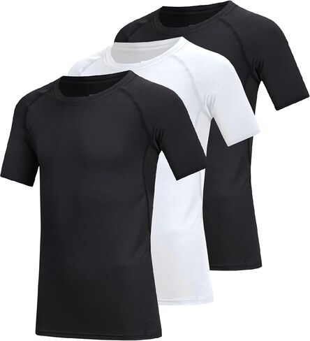 3 Pack Boys Compression Shirt Short Sleeve Youth Athletic Undershirt Kids Quick Dry Athletic Base Layer T-Shirt in Kuwait