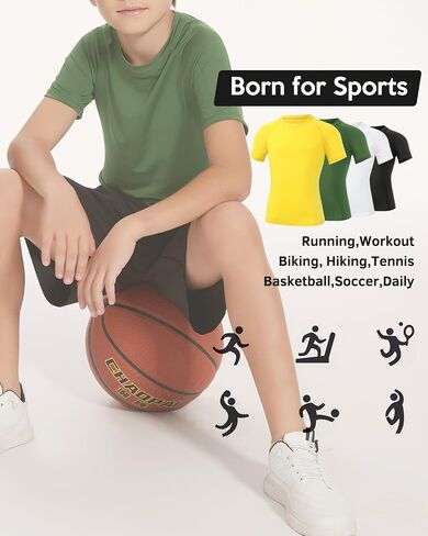 Ullnoy 4 Pack Boys Athletic Compression Shirts Short Sleeve Dry Fit T Shirts for Kids Moisture Wicking Athletic Tees in Saudi Arabia