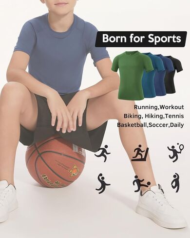 Ullnoy 4 Pack Boys Boys Athletic Compression Dorts Short Sleeve Dry Fit T Shirts for Kids Moisture Wicking Tees Tees in Kuwait