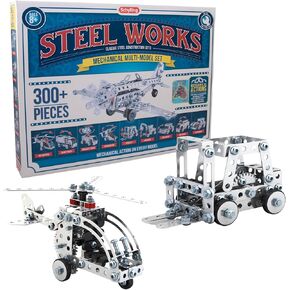 Schylling Brand Classic Steel Works Mechanical Multi-Model Construction Building Kit - 300 Piece All-Metal Set with Tools and Instructions Included - Ages 8-14