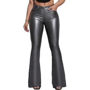 Women's Faux Leather Coated Flare Pants Mid Waist PU Skinny Black Leggings Bell Bottom Pants with Pockets