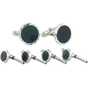 Men's Sterling Silver Onyx Diamond Cut Cufflinks Stud Set (SS890902)