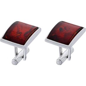 Natural Amber Sterling Silver Men's Classic Cognac Rectangle Cufflinks Gift Set