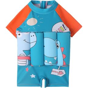 Boy Girls One-Piece Floatation Swimsuit Summer Short Sleeve Bathing Suits with Adjustable Buoyancy Float Suit Swimwear