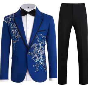 Mens Suits Slim Fit 2 Piece Formal Tuxedo Suits Blazer Pants with Bow Tie for Wedding Prom Blue X-Large