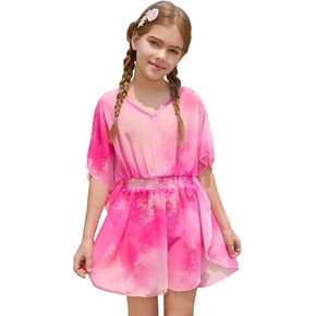 Haloumoning Girls Chiffon Swim Beach Cover Up Kids Cute Elastic Waist Printed Bathing Suit Coverups 5-14 Years