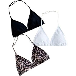 Girl's 3 Packs Leopard Halter Bikini Tops Wireless Backless Triangle Swimsuit Bathing Suit Bras