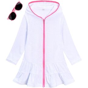 LUCKYGAL Girls Swim Cover Up Kids Long Sleeve Swimsuit Coverup Terry Beach Pool Clothes with Sunglasses