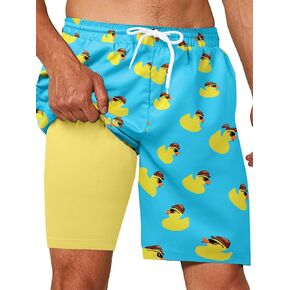 Mens Swim Trunks with Compression Liner 7 Inch Quick Dry Swimming Board Shorts Bathing Suit with Zipper Pockets