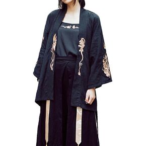 Womens Unisex Dragon Pattern Obi Kimono Cardigan Traditional Japanese & Chinese Fusion Clothing, Unique Embroidery, 2-Way Design, 9/10 Sleeve