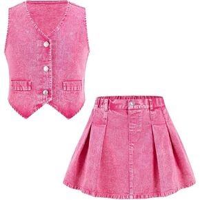 MakeMeChic Girl's Two Piece Outfits Denim Jeans Sleeveless Button Down Crop Vest and Pleated Mini Skirt Set