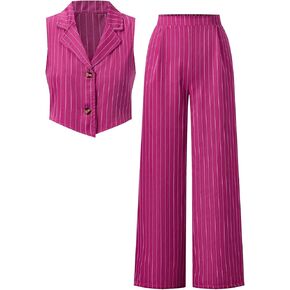Floerns Girl's 2 Piece Outfits Elegant Striped Sleeveless Suit Vest & Long Elastic Casual Pants Set