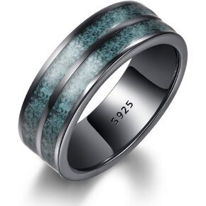 Black Rings for Men, Wedding Bands with Turquoise, 925 Sterling Silver Engagement Promise Ring, High Polished, Comfort Fit Size 5-15