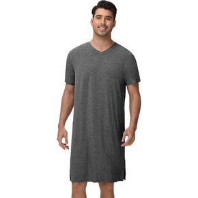 WiWi Men's Nightshirt Short-Sleeve Nightgown Viscose from Bamboo Soft Loose V-Neck Sleepwear Nightwear Sleepshirt Gowns S-XXL