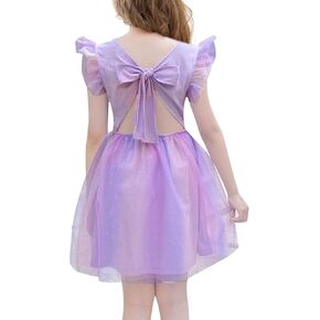 Girls Ruffle Short Sleeve Back Tie Dresses Toddler Little Girls Summer Spring Dress for Birtrhday Tea Party