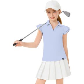 Soneven Girls Ruffle Sleeve Polo Shirts V-Neck Golf Tennis T-Shirts Uniform Shirts Quick Dry for 4-14 Years