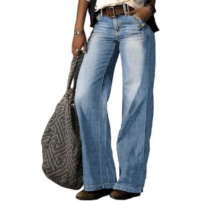 Jeans for Women Straight Leg Bootcut mid Waisted Long Denim Pants Boyfriend Trendy Pockets Double Breasted Stitching