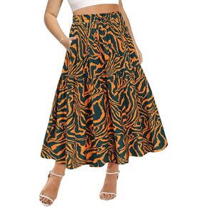 CARCOS Plus Size Skirts for Curvy Women Elastic High Waist Boho Maxi Skirt Pleated A-Line Tiered Long Skirts with Pockets