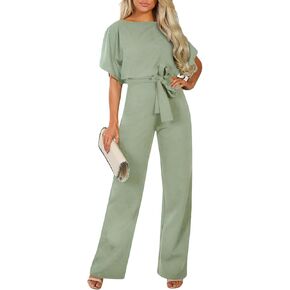 Happy Sailed Womens Loose Short Sleeve Belted Wide Leg Pant Romper Jumpsuit Business Casual One Piece Outfits