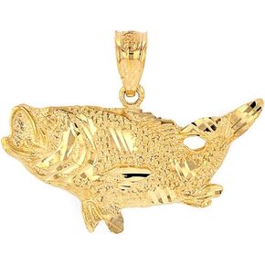 Solid 14k Yellow Gold Sea Bass with Tail Up Pendant