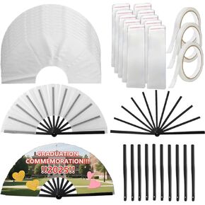 33pcs Sublimation Hand Fan Blanks Bulk, Fan Shaped Sublimation Paper and Plastic Handle for DIY and Craft Folding Fan, Large Clack Handheld Fans for Line Dancing Disco Party and Cooling