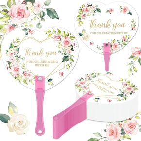 Whaline Wedding Hand Plastic Fans Floral Handheld Wedding Favors Fans for Guests Thank You for Celebrating with Us Double-Sided Pink Rose Plastic Fan with Handle for Ceremony Bridal Shower Decor