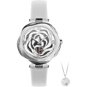 CIGA Design Watches for Women Denmark Rose Series Fashion Automatic Mechanical Skeleton Wrist Watch with Bonus Necklace Gifts (Leather Strap, Mechanical Movement)