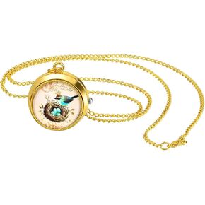 JewelryWe Vintage Pocket Watch for Women - Classic Gold Plated Round Analog Quartz Watch Clock Pendant Necklace with Chain