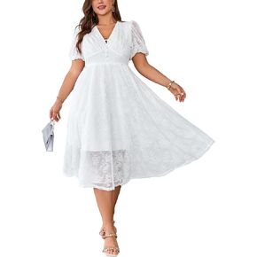 Plus Size Summer Dresses for Women 2025 V Neck Lace Midi Dress Semi Formal Short Sleeve Wedding Guest Cocktail Prom