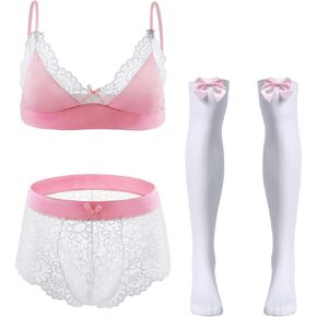 ABAFIP Men Sissy Underwear Floral Lace Bra Bikini Panties Bowknot Stockings 3 Piece Nightwear Sleepwear set