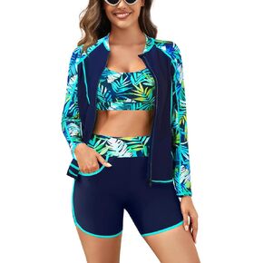 Women 3 Piece Rash Guard - Long Sleeve Swimsuit Built in Bra Swim Shirt Zip Bathing Suit with Pocket Shorts