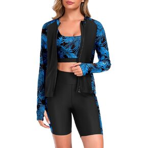 Women's 3 Piece Rash Guard Long Sleeve Swimsuits Bathing Suit with Shorts Zip Up UPF 50+ Swim Shirt with Built in Bra