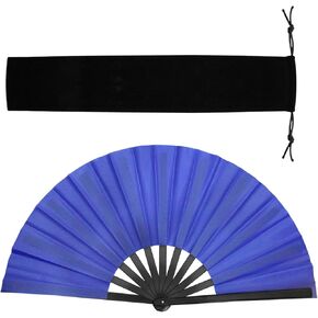 Folding Hand Fan for Line Dancing, Large Fans Classic Style Chinese Fabric for Performance Dance Wedding Party & Gift Bamboo Ribs Hand Held Blue