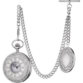 Vintage-Style Pocket Watch Chain with Ornate Medal and Pocket Watch – 12 Inch T-Bar Chain for Waistcoats, Costumes & Gifts