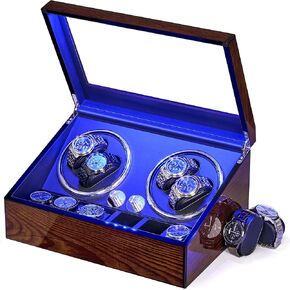 BEWISHOME Watch Winders for Automatic Watches, Automatic Watch Winder Box Watch Spinner with LED Light, 4 Watch Winder with Quiet Running Motor and 6 Storage Case for Man/Woman's Watches, Brown SYQ01Y
