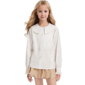 Girls White Dress Shirt Button-Down Blouse Kids School Uniform Elegant Lace Decorated with Large Lapel size6-16years
