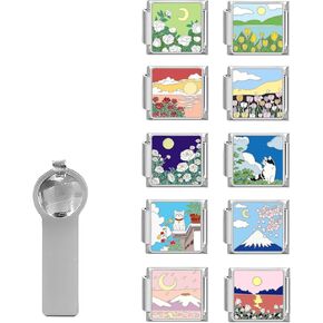 papasgix Italian Charm Bracelet Charms Pack Links Bulk with Opening Tool 9mm Italian Charms 10 Italian Modular Bracelet Links Handmade DIY Jewelry Flowers Moon Sun Cat