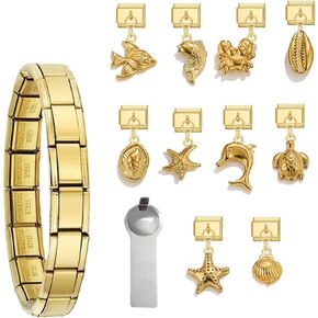 Gold Italian Charm Bracelet Set For Women Diy Handmade With Starter Brascelet, Assorted Charms And Opening Tools, 9mm Modular Italian Charm Bracelet Gold
