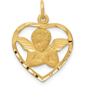 14k Yellow Gold Satin Cherub Angel In Open Heart Charm 24 mm x 18 mm