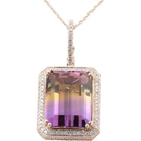 14K Rose Gold Genuine Ametrine Diamond Pendant Necklace, Emerald Cut 16-1/8 Ct