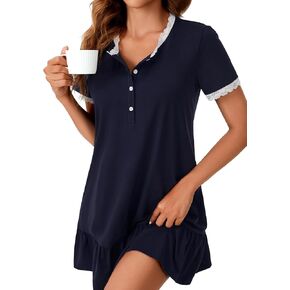 Vrtige Women's Lace Trim Nightshirt Crewneck Button Short Sleeve Nightgown Soft Sleepshirt