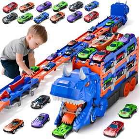 City Track Set Toys for Boys, Transforms into Dinosaur Truck Kids Toys with 12 Cars, Ultimates Garage Cars Toys, Race Track for Toddlers 3-5, Kids Birthday Gifts 3 4 5 6 Years Old