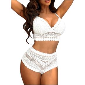 Women's 2 Piece Lingerie Set Sheer Lace Spaghetti Strap Wireless Matching Bra and Panty Set